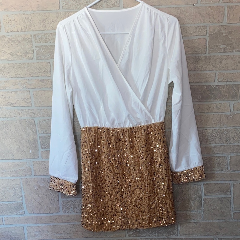 SHEIN Elegant White and Gold Sequin Dress